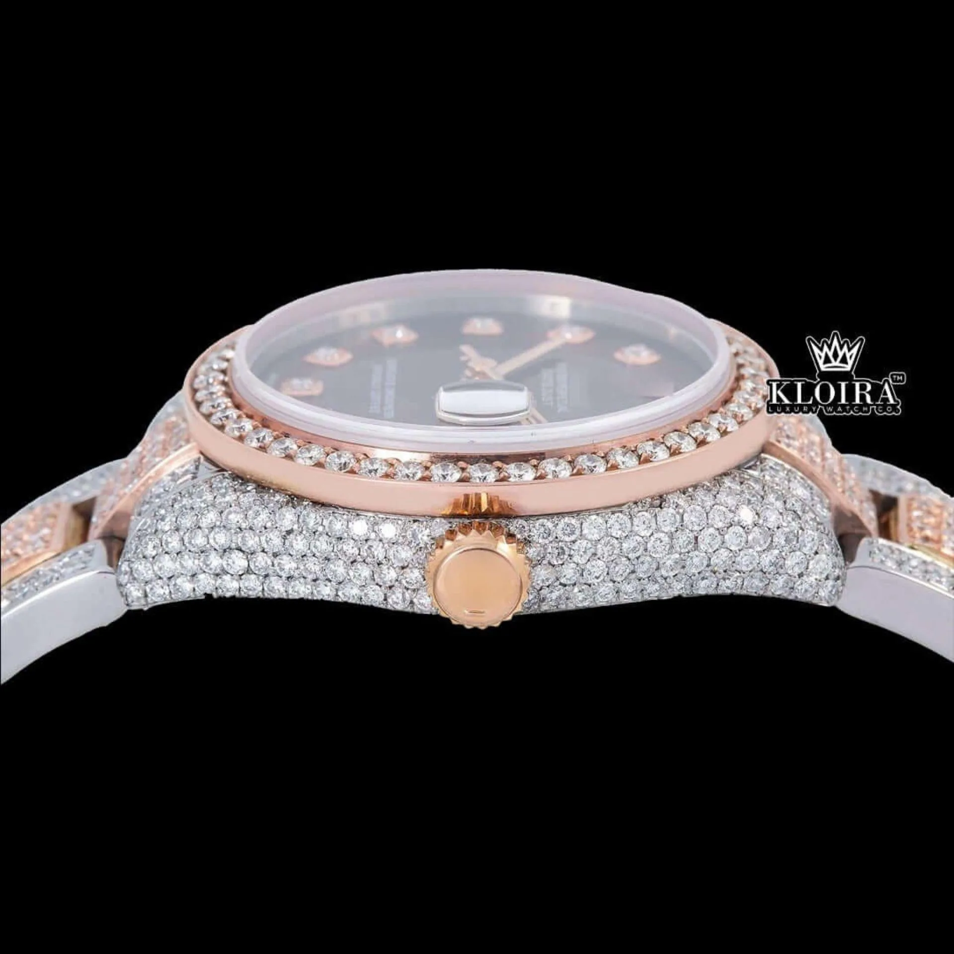 Diamond Markers Brown Dial Two Tone Iced Out Moissanite Watch Crown View