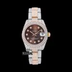 Roles Diamond Markers Brown Dial Two Tone Iced Out Moissanite Watch with Rose Gold Accents