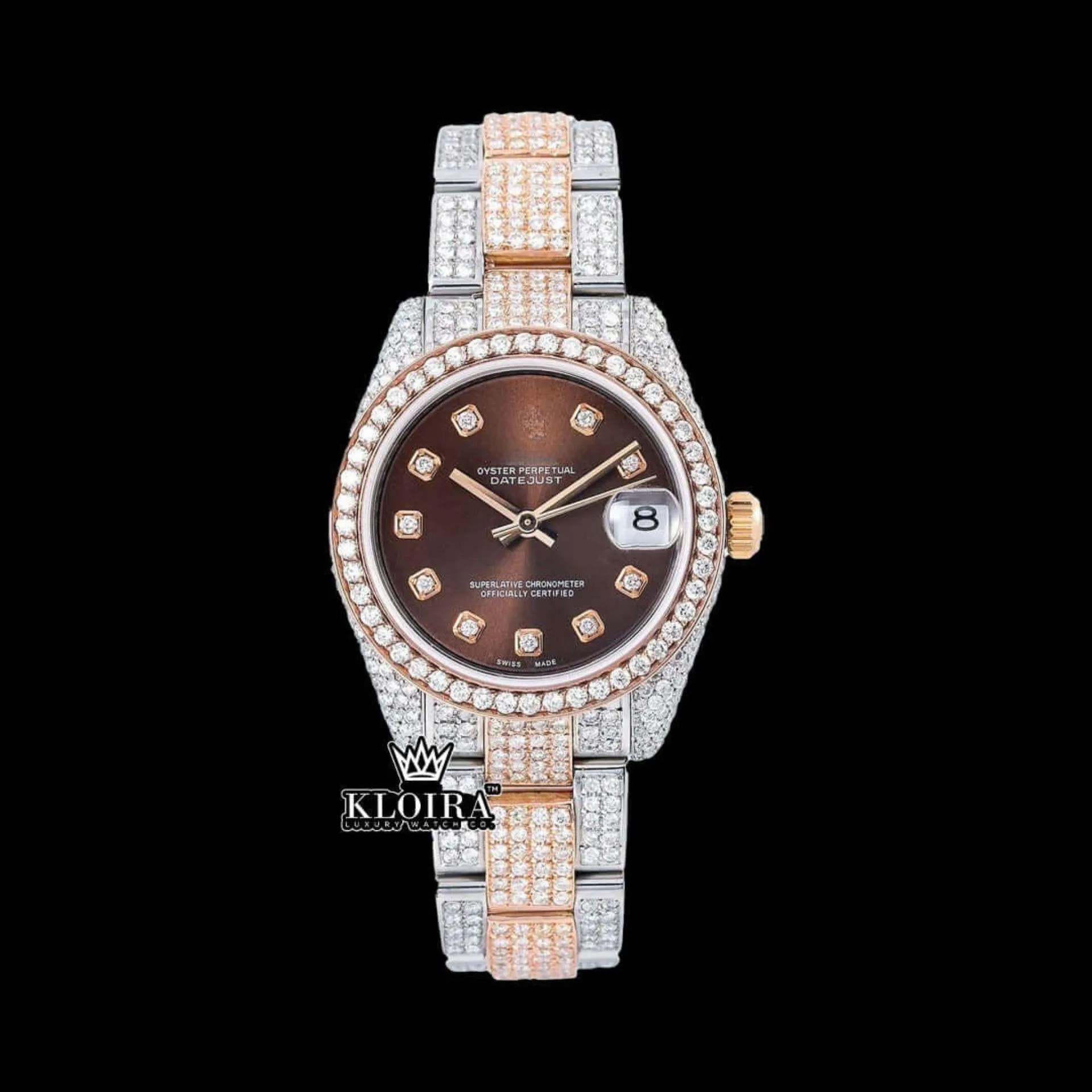 Roles Diamond Markers Brown Dial Two Tone Iced Out Moissanite Watch with Rose Gold Accents