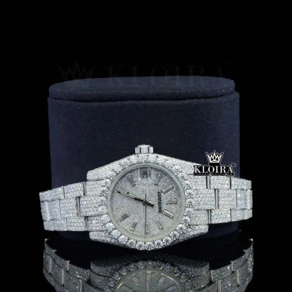 Diamond Markers Fully Bust Down White Dial Moissanite Diamond Watch Close Up Front View