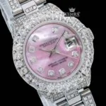Diamond Markers Pink Dial Full Iced Out Moissanite Watch Close Up Dial View
