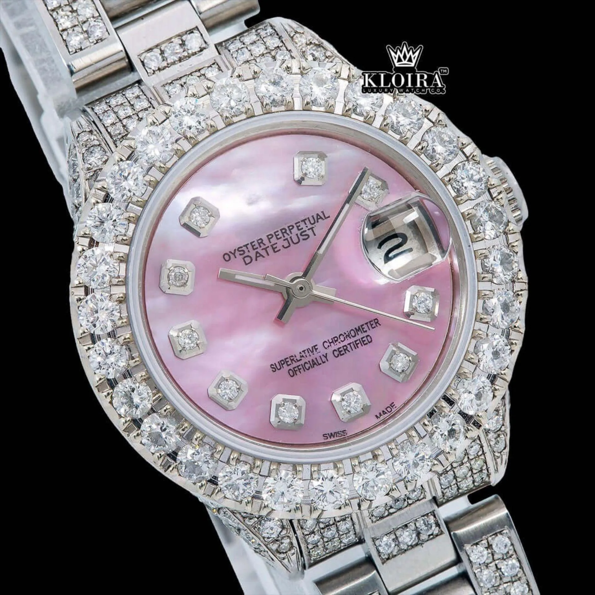 Diamond Markers Pink Dial Full Iced Out Moissanite Watch Close Up Dial View