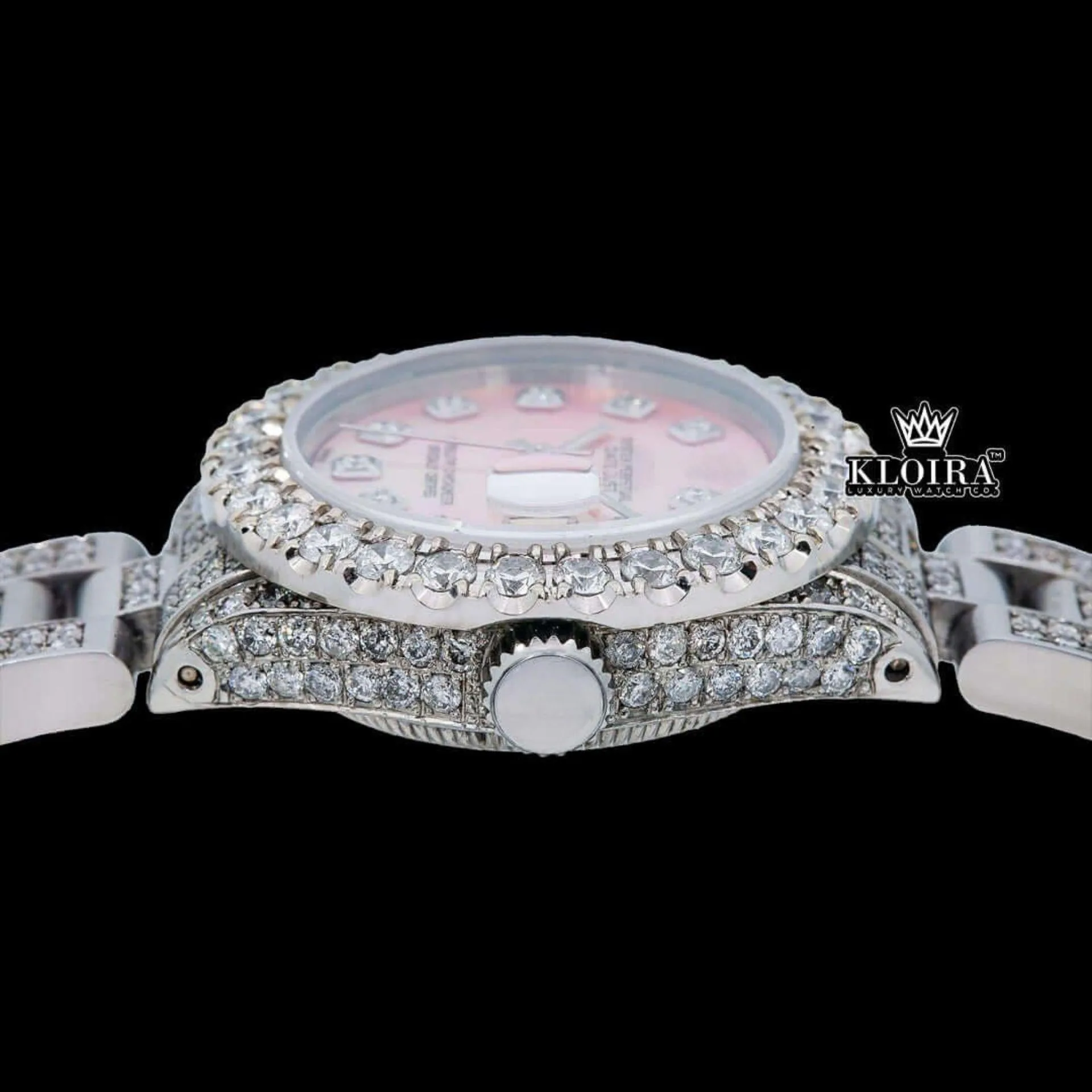 Diamond Markers Pink Dial Full Iced Out Moissanite Watch Crown View