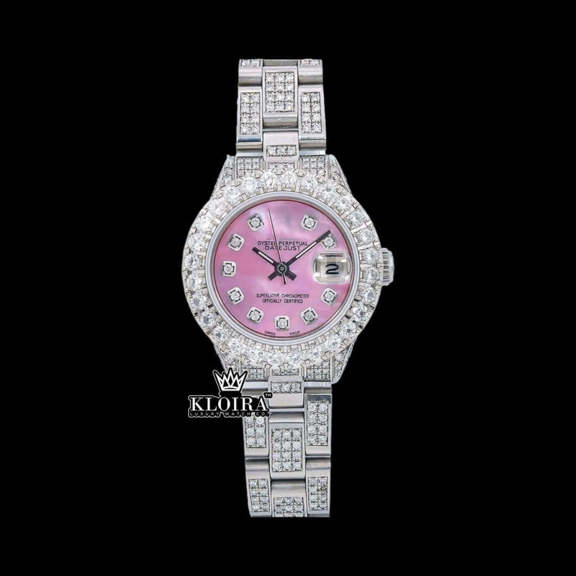 Roles Diamond Markers Pink Dial Full Iced Out Moissanite Watch with 14K gold plating and pink dial