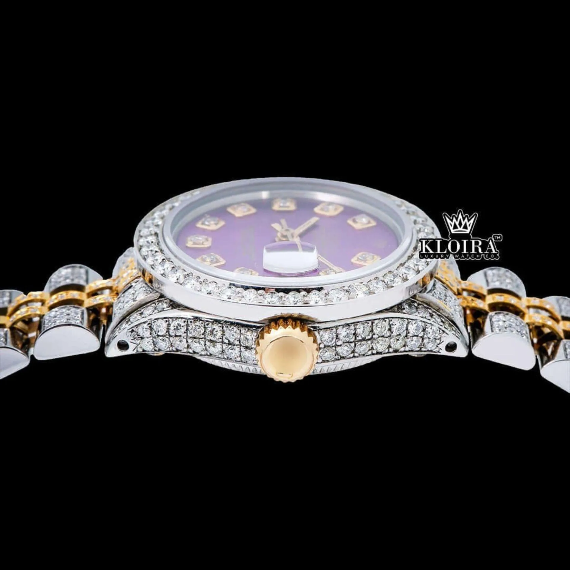 Diamond Markers Purple Dial Two Tone Moissanite Watch Crown View