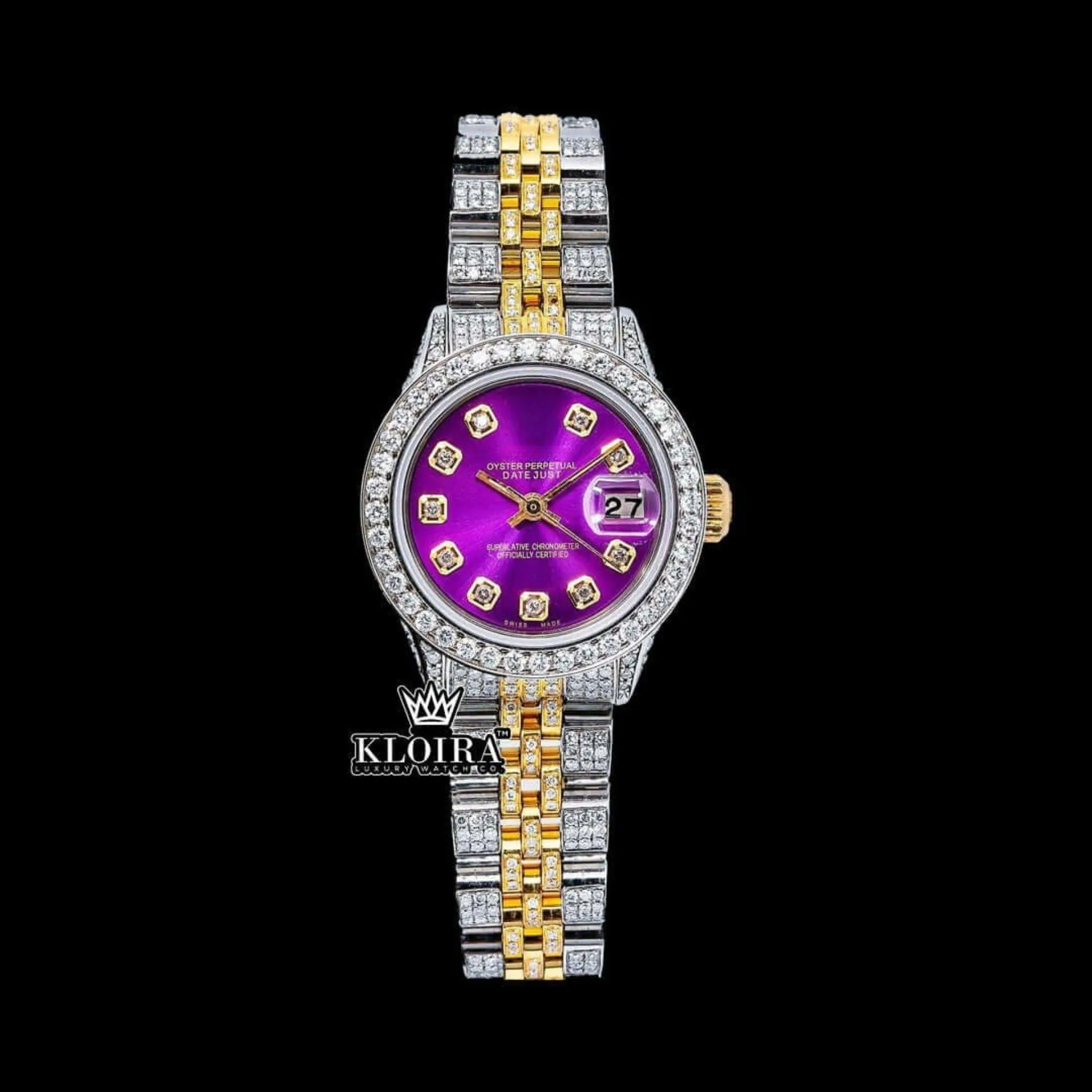 Roles Diamond Markers Purple Dial Two Tone Moissanite Watch with Diamond Markers