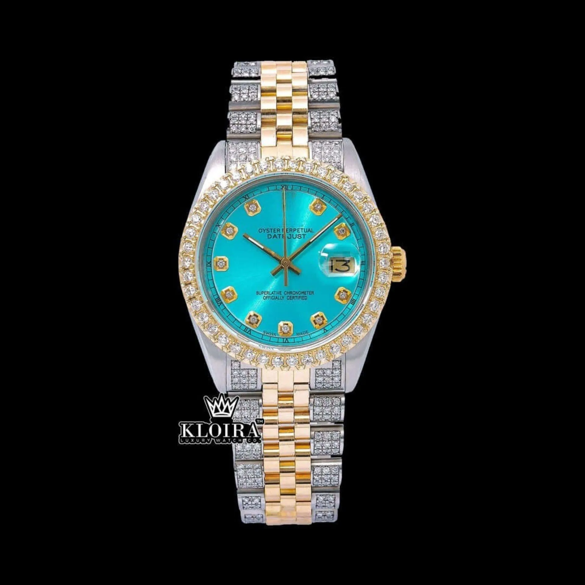 Roles Diamond Markers Tiffany Blue Dial Two Tone Moissanite Watch with Blue Dial