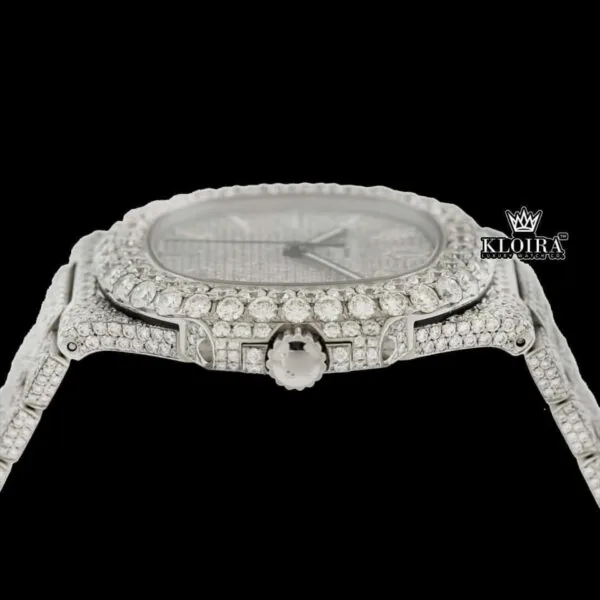 Diamond Markers White Dial Bust Down Moissanite Diamond Watch Crown View