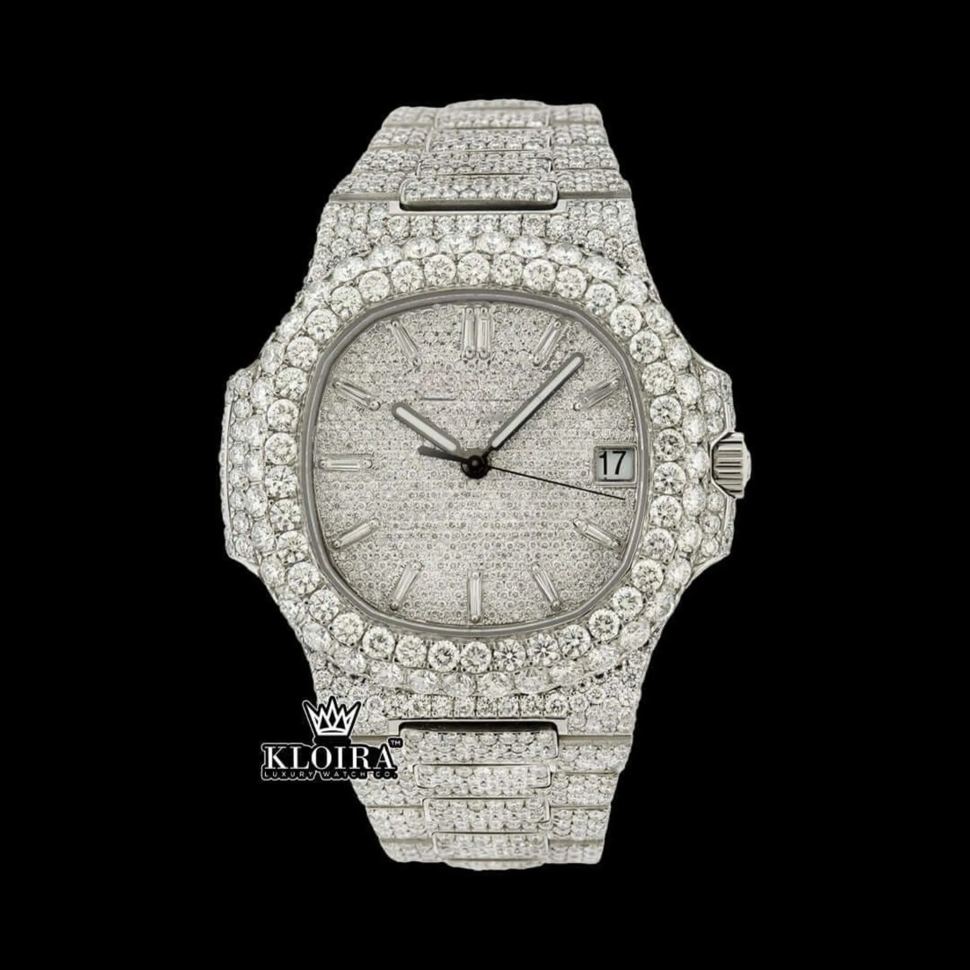 Patik Philippe Nautilus Moissanite Diamond Watch with white dial and diamond markers