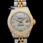 Diamond Markers White Dial Date Display Two Tone Moissanite Watch Full Close Up Front View