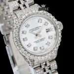 Diamond Markers White Dial Fully Iced Out Moissanite Diamond Watch Close Up Dial View