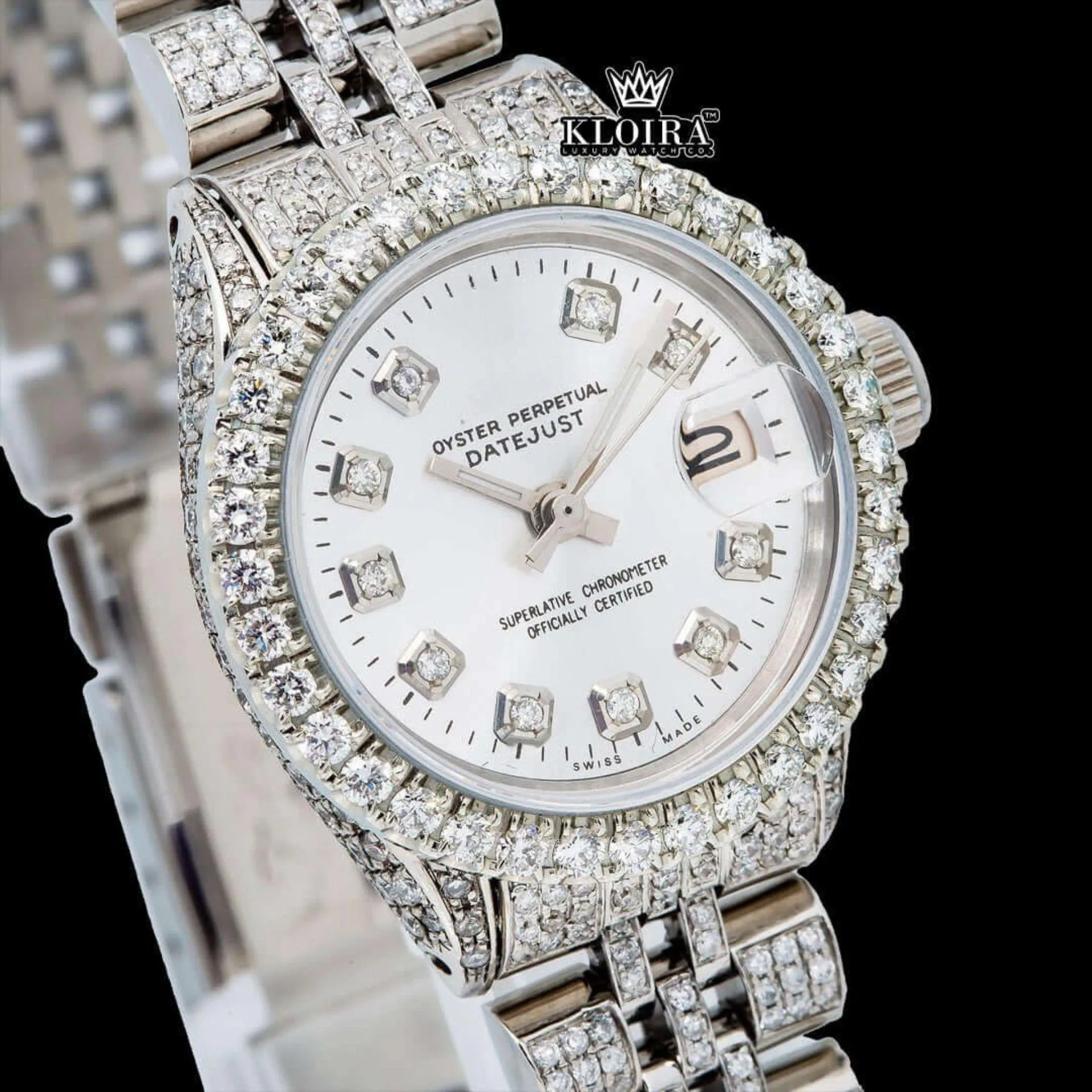 Diamond Markers White Dial Fully Iced Out Moissanite Diamond Watch Close Up Dial View