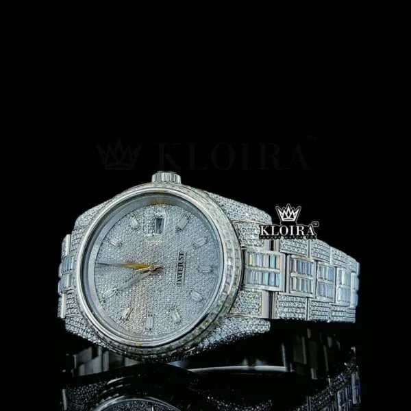 Diamond Markers White Dial Fully Iced Out White Gold Moissanite Watch Close Up Dial View