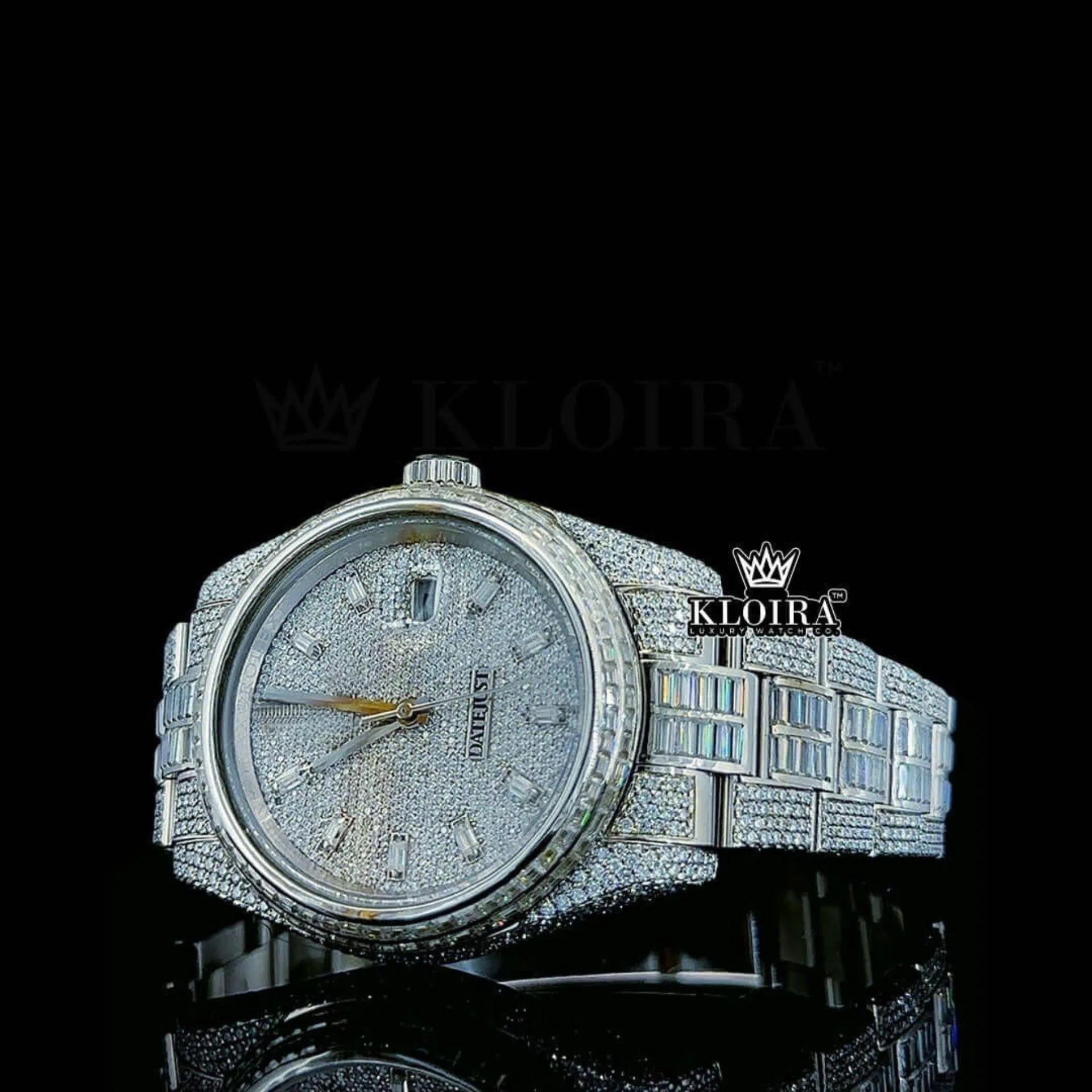 Diamond Markers White Dial Fully Iced Out White Gold Moissanite Watch Close Up Dial View