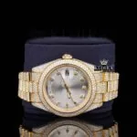 Diamond Markers White Dial Iced Out Yellow Gold Moissanite Watch Close Up Front View