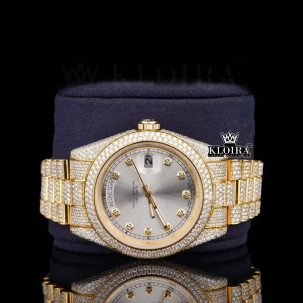 Diamond Markers White Dial Iced Out Yellow Gold Moissanite Watch Close Up Front View