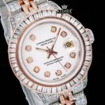 Diamond Markers White Dial Two Tone Classic Link Strap Moissanite Watch Close Up Dial View