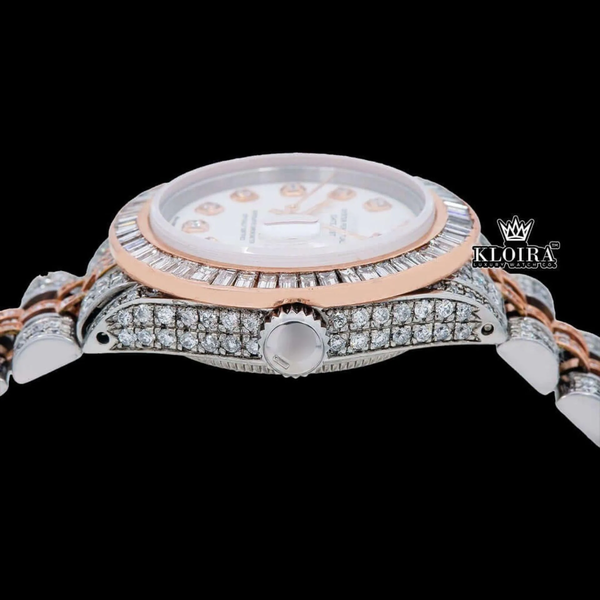 Diamond Markers White Dial Two Tone Classic Link Strap Moissanite Watch Crown View