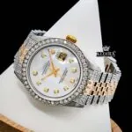 Diamond Markers White DIal Two Tone Iced Out Moissanite Watch Close Close Up Front View