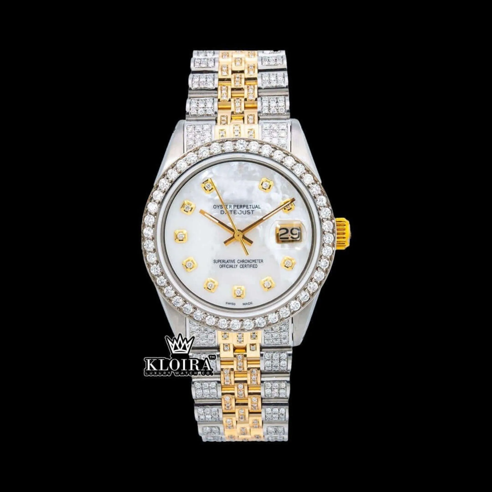 Roles Diamond Markers Two Tone Iced Out Moissanite Watch with White Dial and Gold Accents