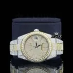 Diamond Markers Yellow Dial Two Tone Iced Out Moissanite Watch Close Up Front View