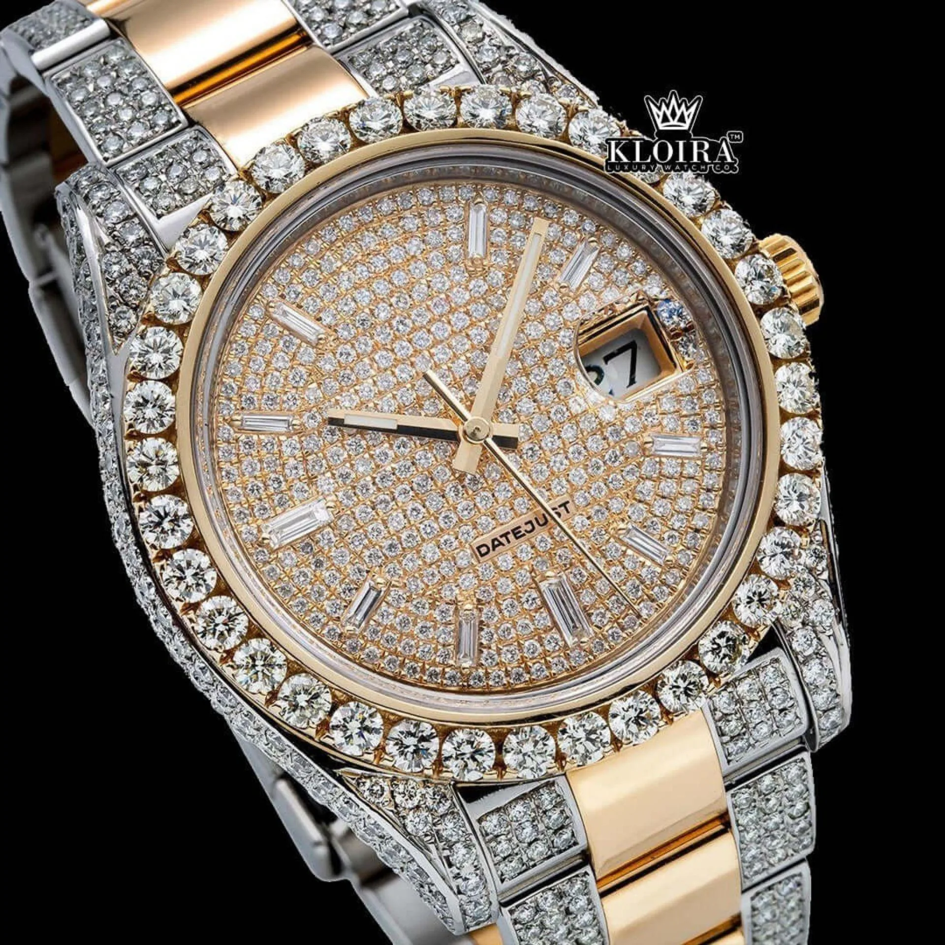 Diamond Markers Yellow Dial Two Tone Moissanite Diamond Watch Close Up Dial View