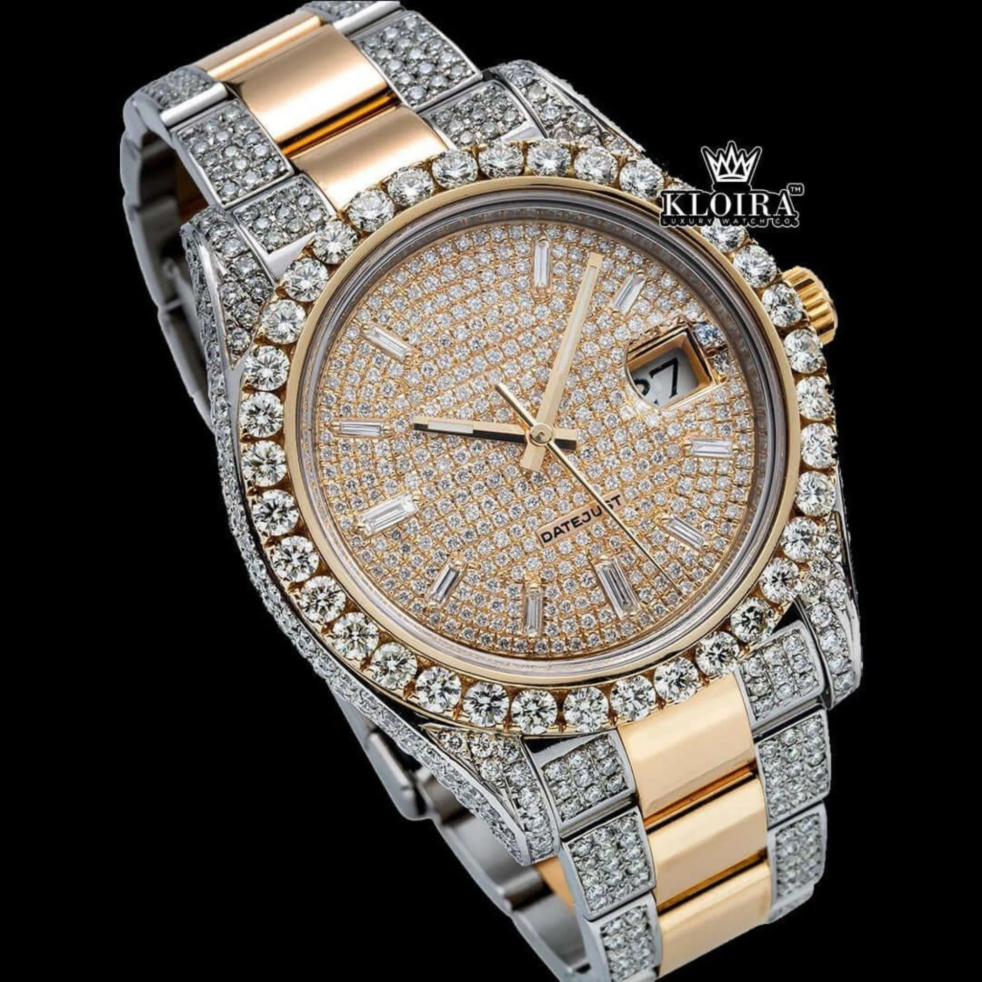 Diamond Markers Yellow Dial Two Tone Moissanite Diamond Watch Close Up Front View