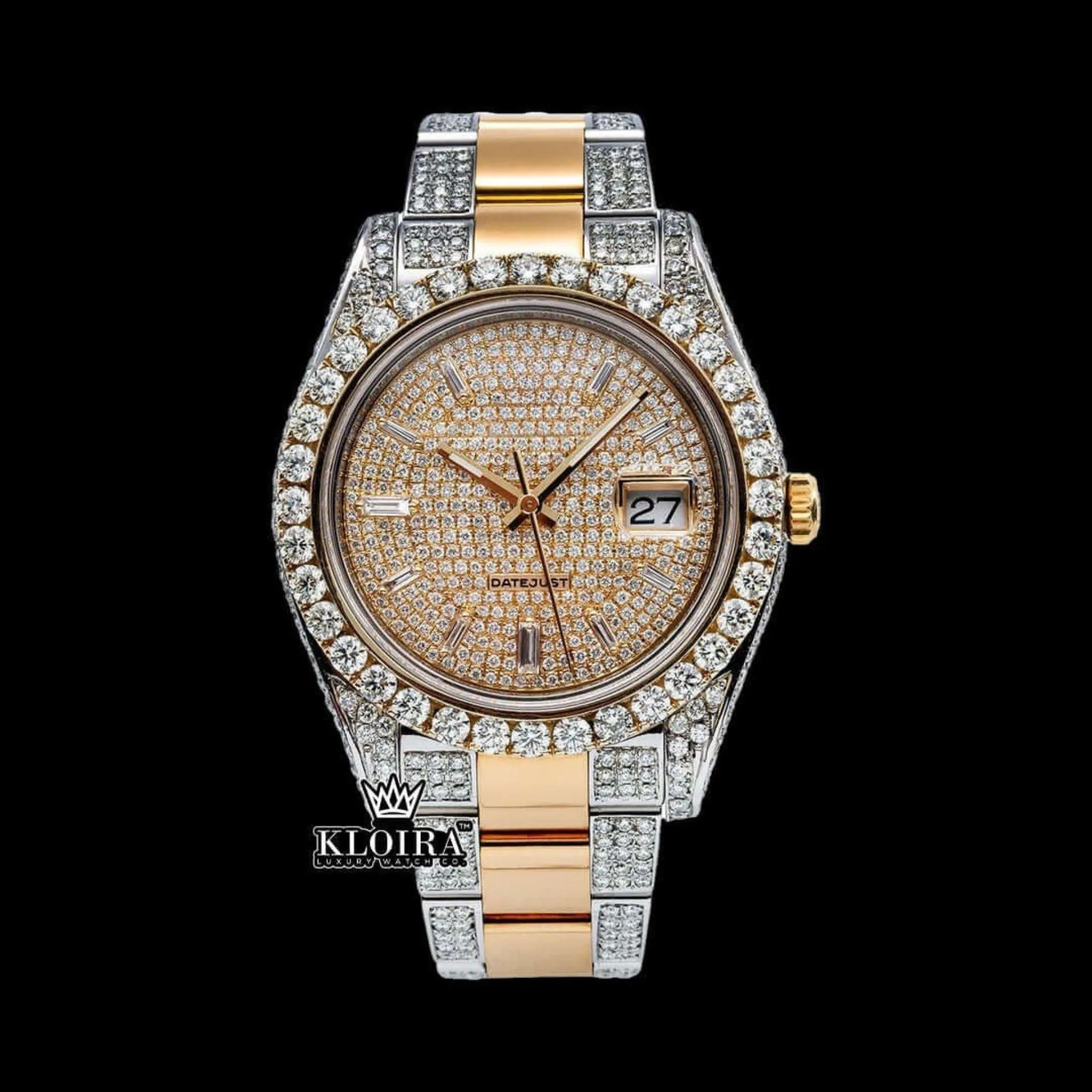Roles Diamond Markers Yellow Dial Two Tone Moissanite Watch with Pavé Detail