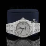 Diamond Stick Markers White Dial Fully Iced Out Moissanite Watch Close Up Front View