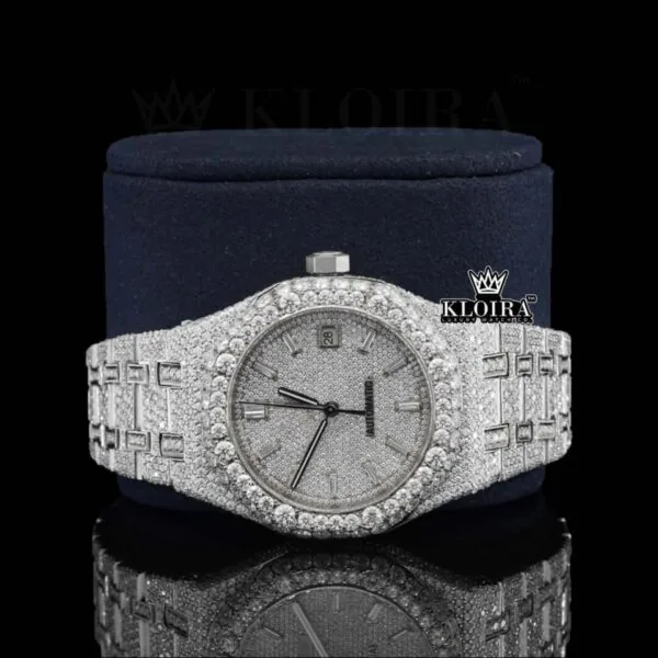 Diamond Stick Markers White Dial Fully Iced Out Moissanite Watch Close Up Front View