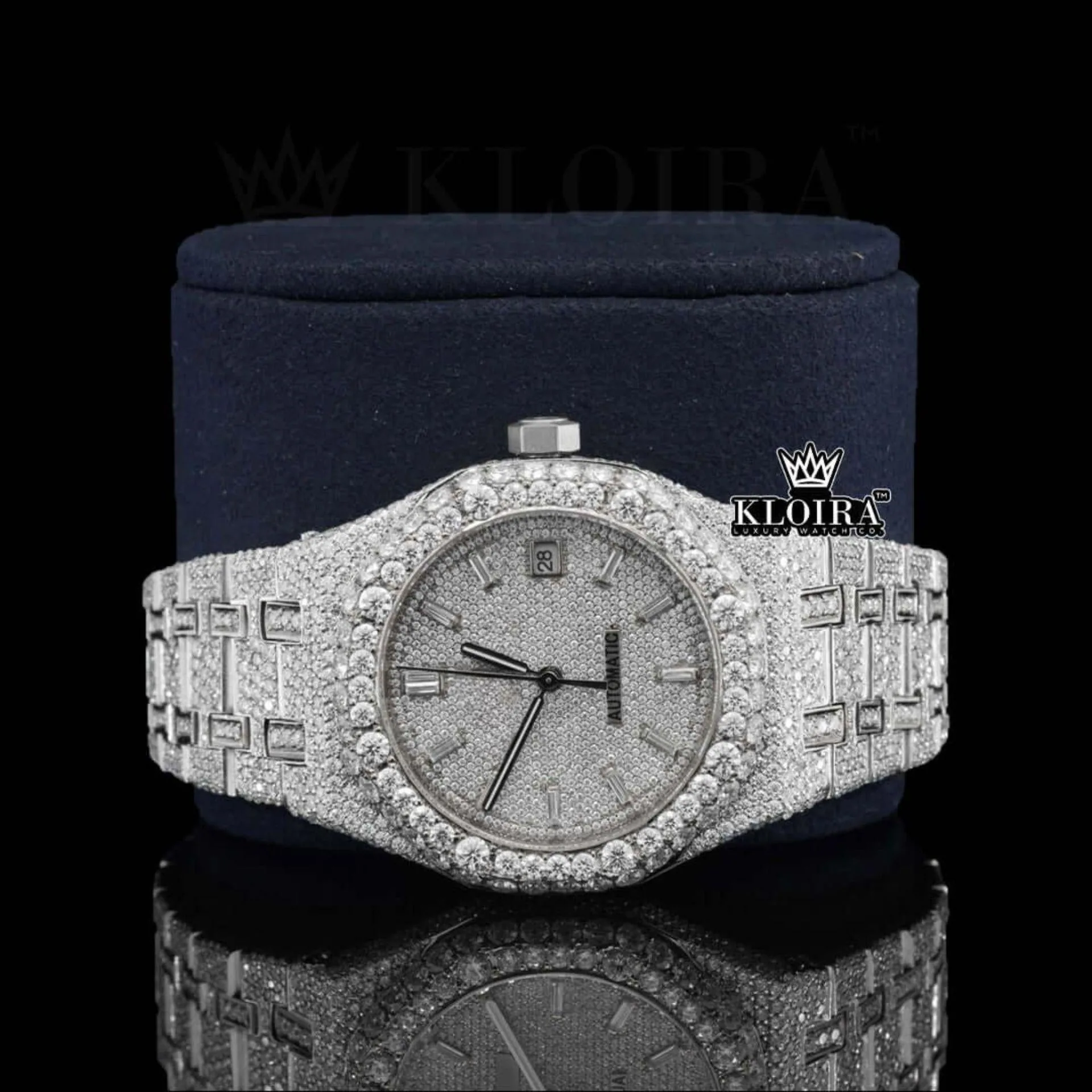 Diamond Stick Markers White Dial Fully Iced Out Moissanite Watch Close Up Front View