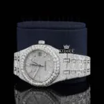 Diamond Stick Markers White Dial Fully Iced Out Moissanite Watch Left Profile View