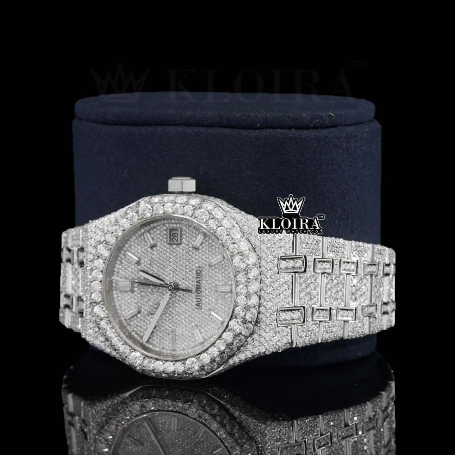 Diamond Stick Markers White Dial Fully Iced Out Moissanite Watch Left Profile View