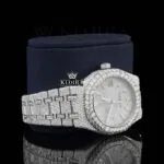 Diamond Stick Markers White Dial Fully Iced Out Moissanite Watch Right Profile View