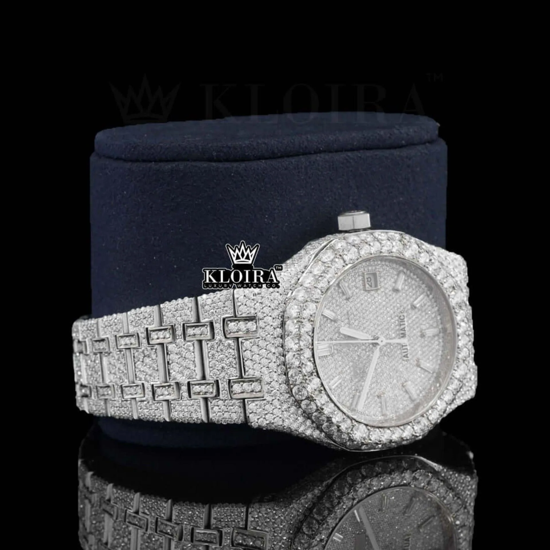 Diamond Stick Markers White Dial Fully Iced Out Moissanite Watch Right Profile View