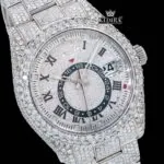 Dual Time Black Roman Numerals Fully Iced Moissanite Diamond Watch Close Up Dial View