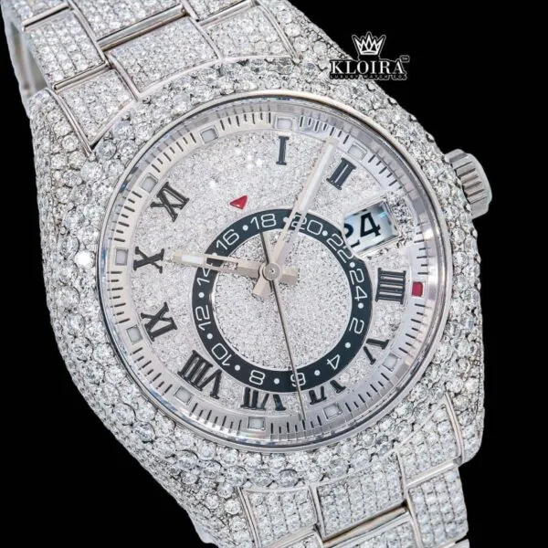 Dual Time Black Roman Numerals Fully Iced Moissanite Diamond Watch Close Up Dial View