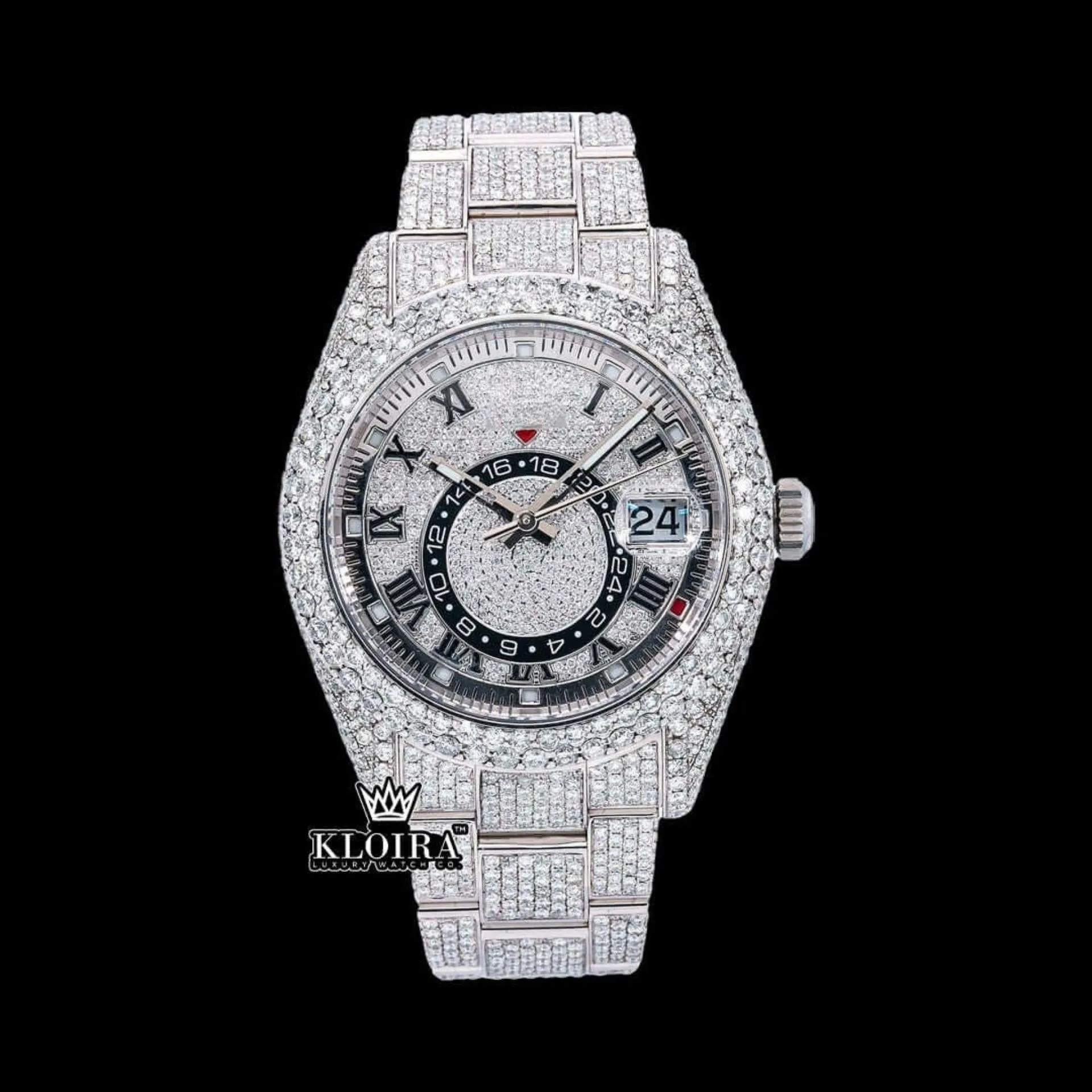Roles Dual Time Moissanite Diamond Watch with Black Roman Numerals and 14K Gold Plating