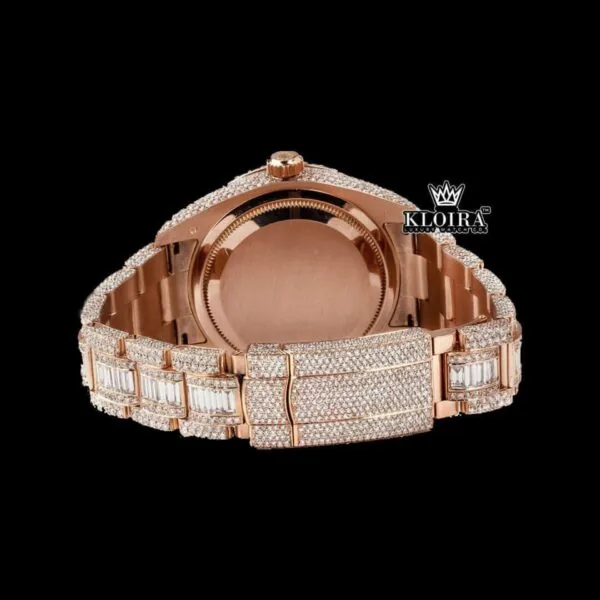 Dual Time Brown Dial Standard Numerals Iced Out Rose Gold Moissanite Watch Caseback View