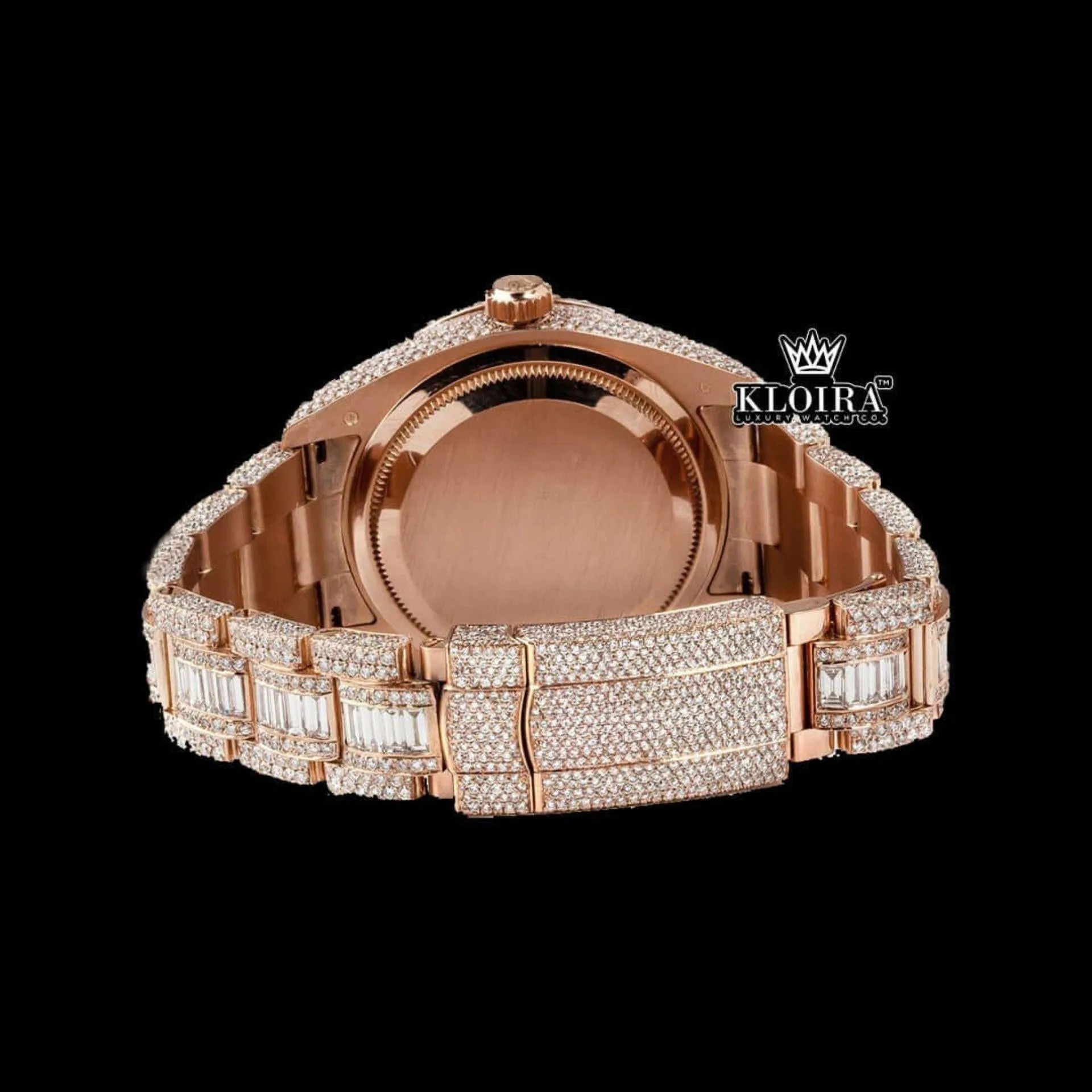 Dual Time Brown Dial Standard Numerals Iced Out Rose Gold Moissanite Watch Caseback View