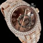 Dual Time Brown Dial Standard Numerals Iced Out Rose Gold Moissanite Watch Close Up Dial View