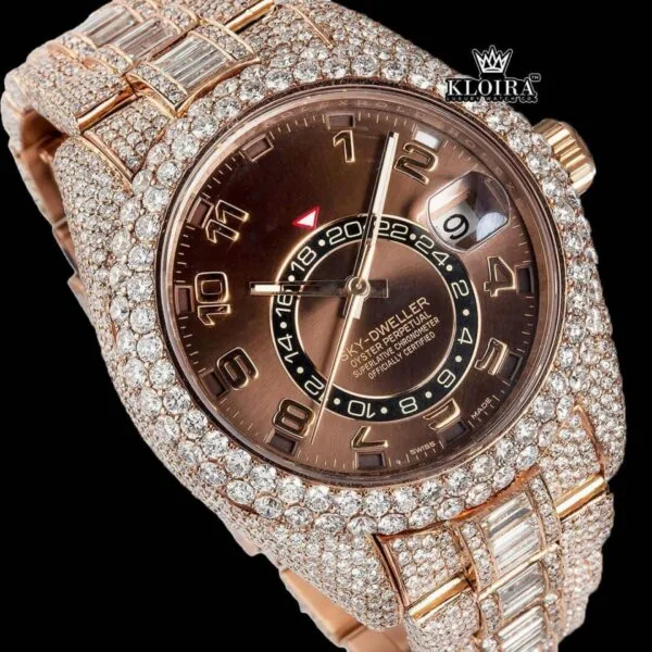 Dual Time Brown Dial Standard Numerals Iced Out Rose Gold Moissanite Watch Close Up Dial View
