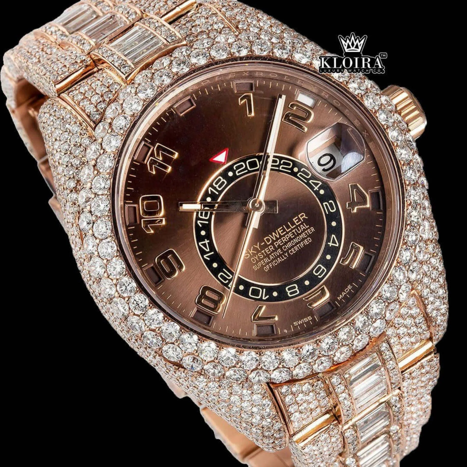 Dual Time Brown Dial Standard Numerals Iced Out Rose Gold Moissanite Watch Close Up Dial View