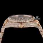 Dual Time Brown Dial Standard Numerals Iced Out Rose Gold Moissanite Watch Crown View