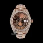 Roles Dual Time Iced Out Moissanite Watch in Rose Gold with Brown Dial
