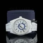 Dual Time Chronograph Dial Stick Markers Fully Iced Out Moissanite Watch Close Up Front View