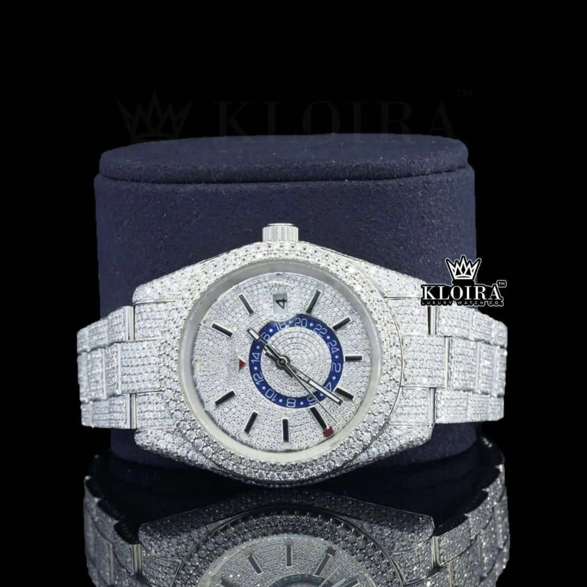 Dual Time Chronograph Dial Stick Markers Fully Iced Out Moissanite Watch Close Up Front View