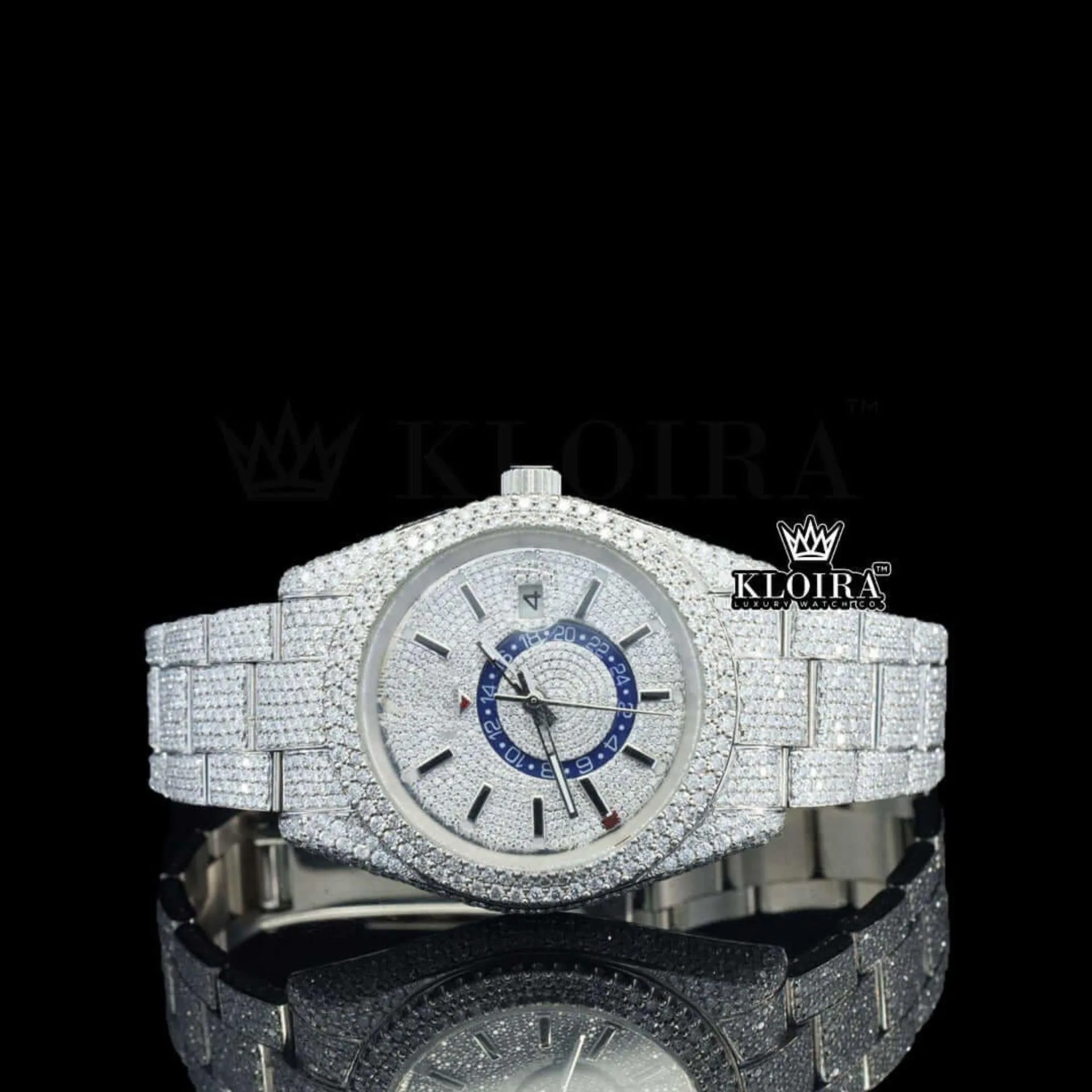Roles Dual Time Chronograph Moissanite Watch with fully iced out design and stick markers