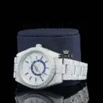 Dual Time Chronograph Dial Stick Markers Fully Iced Out Moissanite Watch Left Profile View