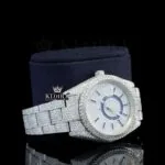 Dual Time Chronograph Dial Stick Markers Fully Iced Out Moissanite Watch Right Profile View